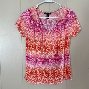 Lauren Ralph Lauren Top Small Pink Orange Ikat Print Tassel Peasant Blouse Boho